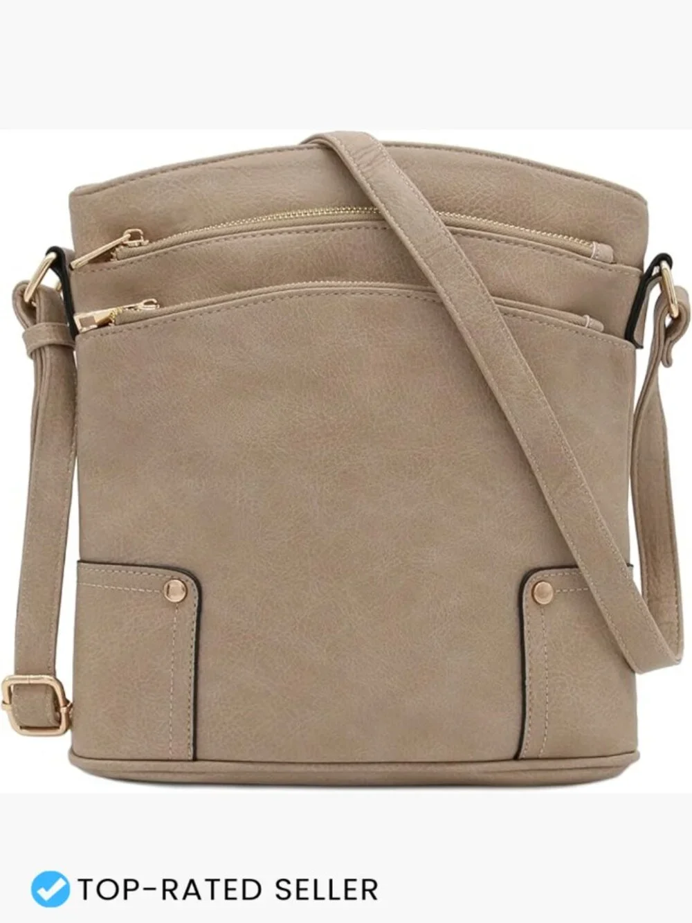 Triple Zip Pocket Large Crossbody Bag Sling Shoulder Faux Leather Vegan